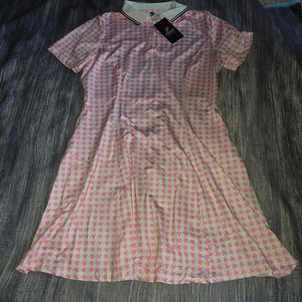 FKEEP Pink Houndstooth Polo  Tennis Golf Dress Set with Shorts‎ Womens Large NWT